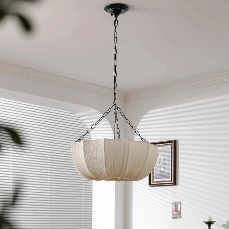 lampe suspendue moderne tissu rayures fines beige clair chaîne métallique 2000 82000 lumens 110