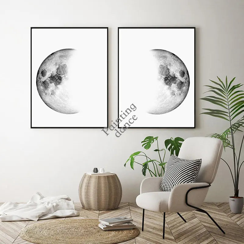 toile d'art minimaliste lune noir blanc chambre salon decoration intérieure classic vertical unique sans