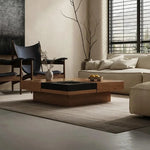 table basse bois carrée moderne tiroirs motifs horizontaux salon minimaliste