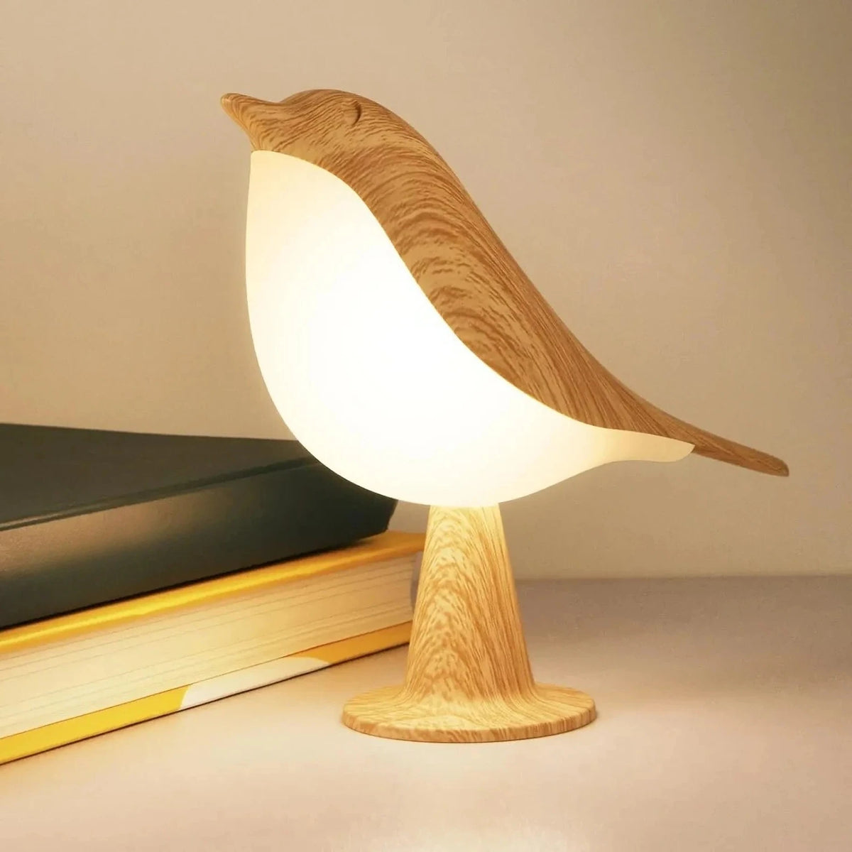 lampe poser oiseau veilleuse texture bois naturel moderne capteur tactile blanc minimaliste