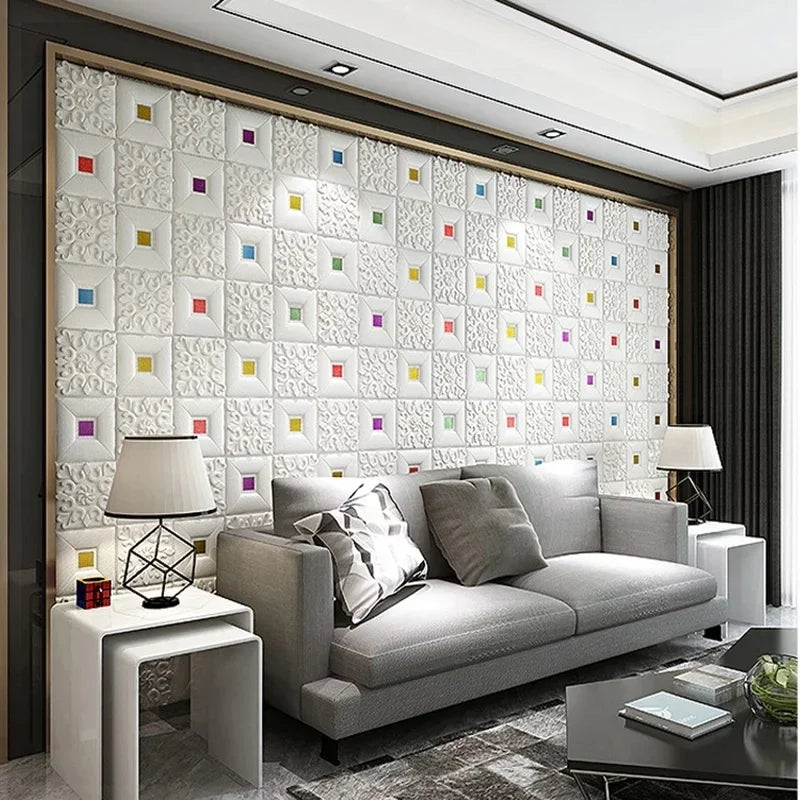 panneau décoratif mural adhésif blanc motif géométrique carrés dorés moderne élégant salon chambre