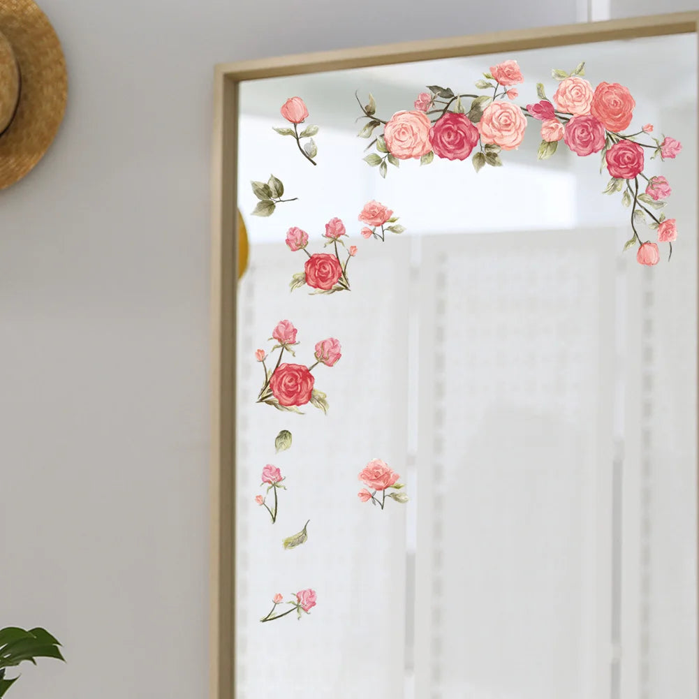 autocollant mural fleurs roses feuilles vertes floral romantique auto adhésif pvc opaques moderneintérieur salon