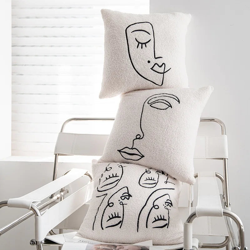 coussin abstrait brodé visages blanc moderne nordique 45x45cm decoration canapé chaise véhicule