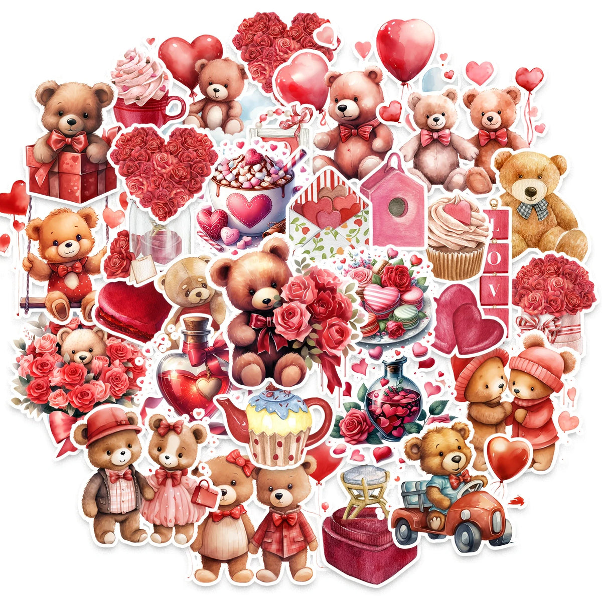 autocollants ours peluche coeurs LOVE art journal diy crafts marron rouge blanc rose vert