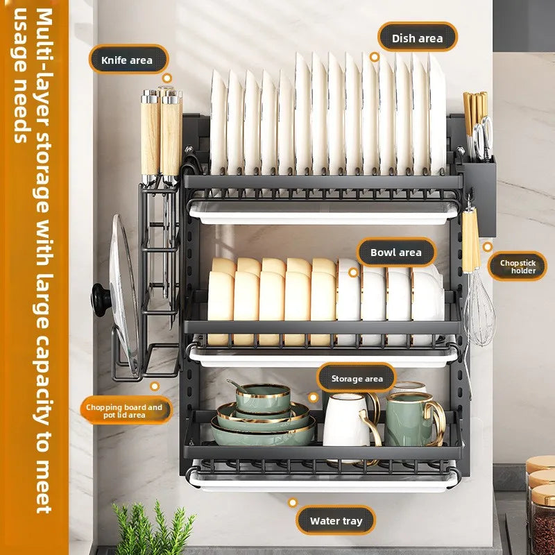 étagère murale noire moderne clips vaisselle rangement cuisine assiettes bols couteaux planche découpe robuste