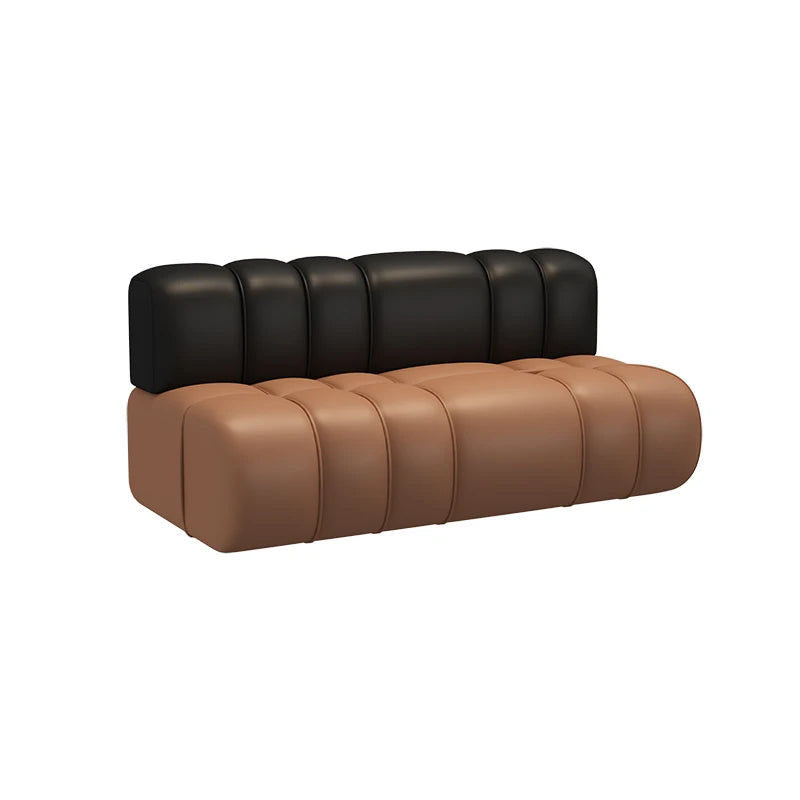 canapé modulable marron clair cuir moderne table noire tabourets noirs meuble salon minimaliste