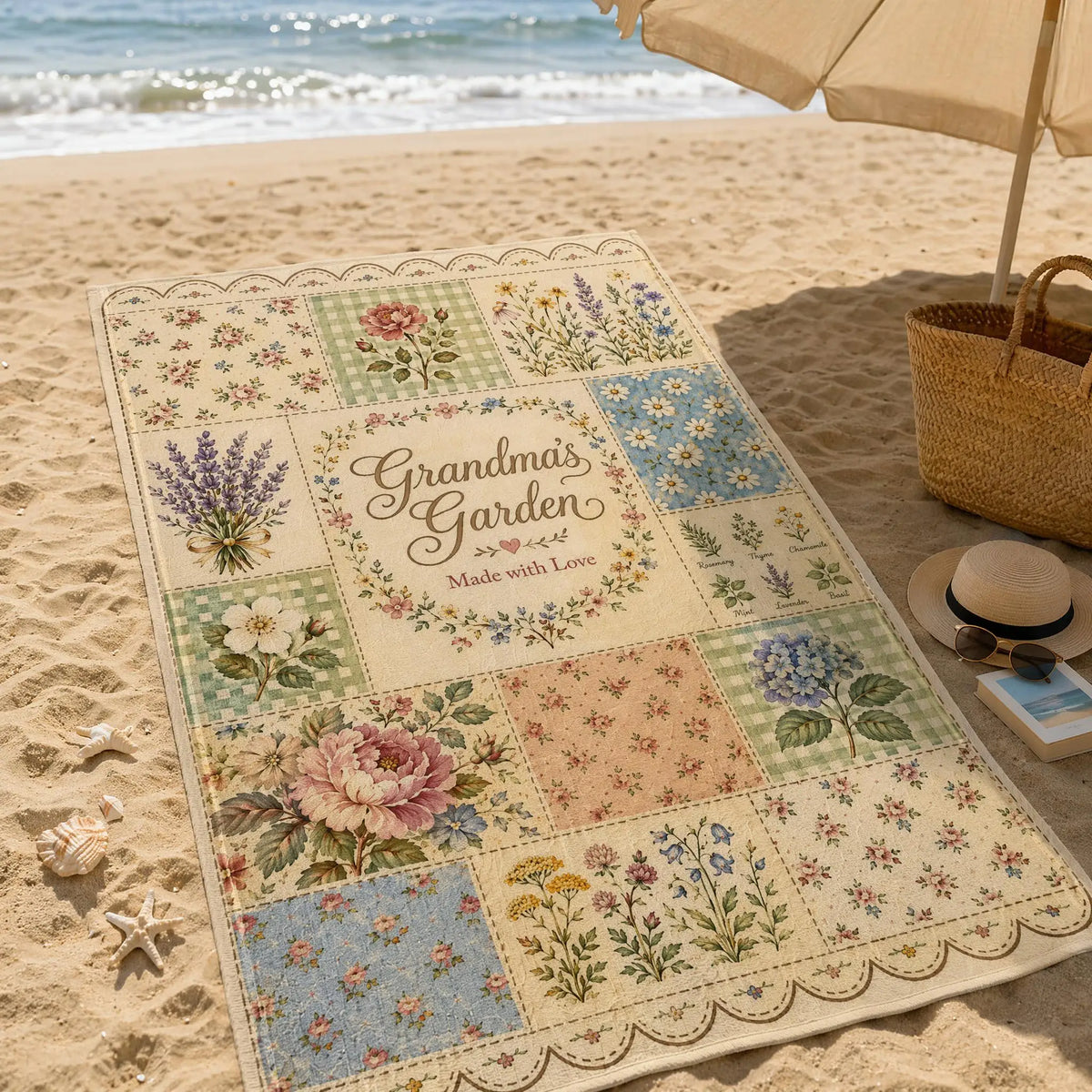 tapis patchwork floral vintage rose vert bleu bordure dentelée sec rapide machine simple