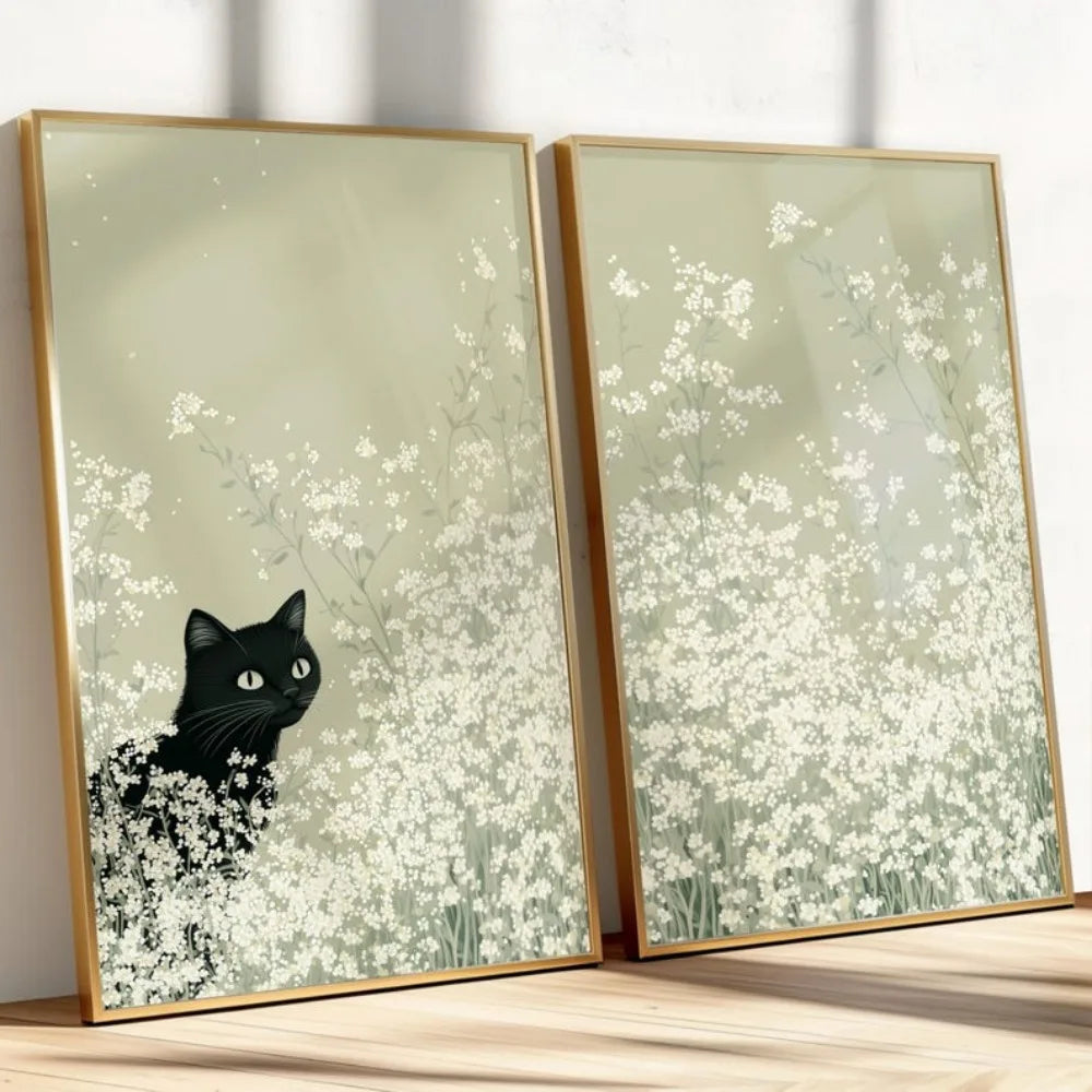 tableau moderne toile chat noir fleurs vert clair salon chambre décoration impression toile minimaliste