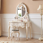 maquillage blanc ornements floraux six tiroirs grand miroir tabouret chambre classique