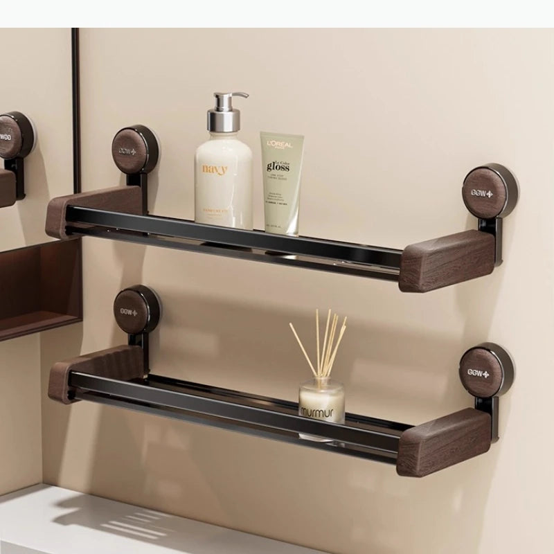 étagère murale ventouse bois imitation moderne rangement salle bain produits toilette serviettes minimaliste marron