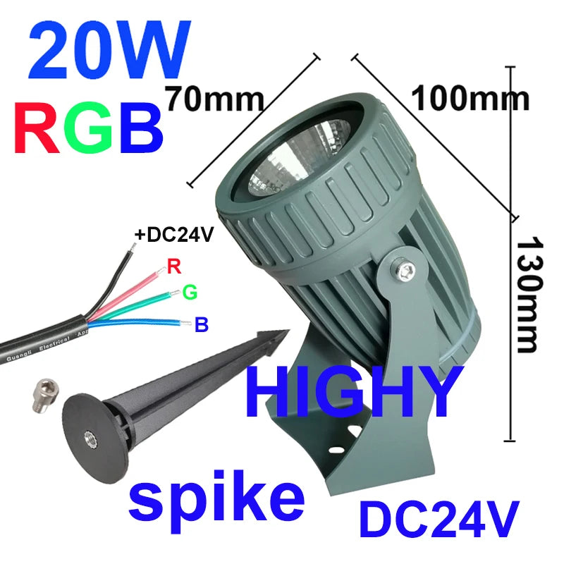projecteur led jardin 20w ip65 moderne vis fixation câble fil rouge vert bleu