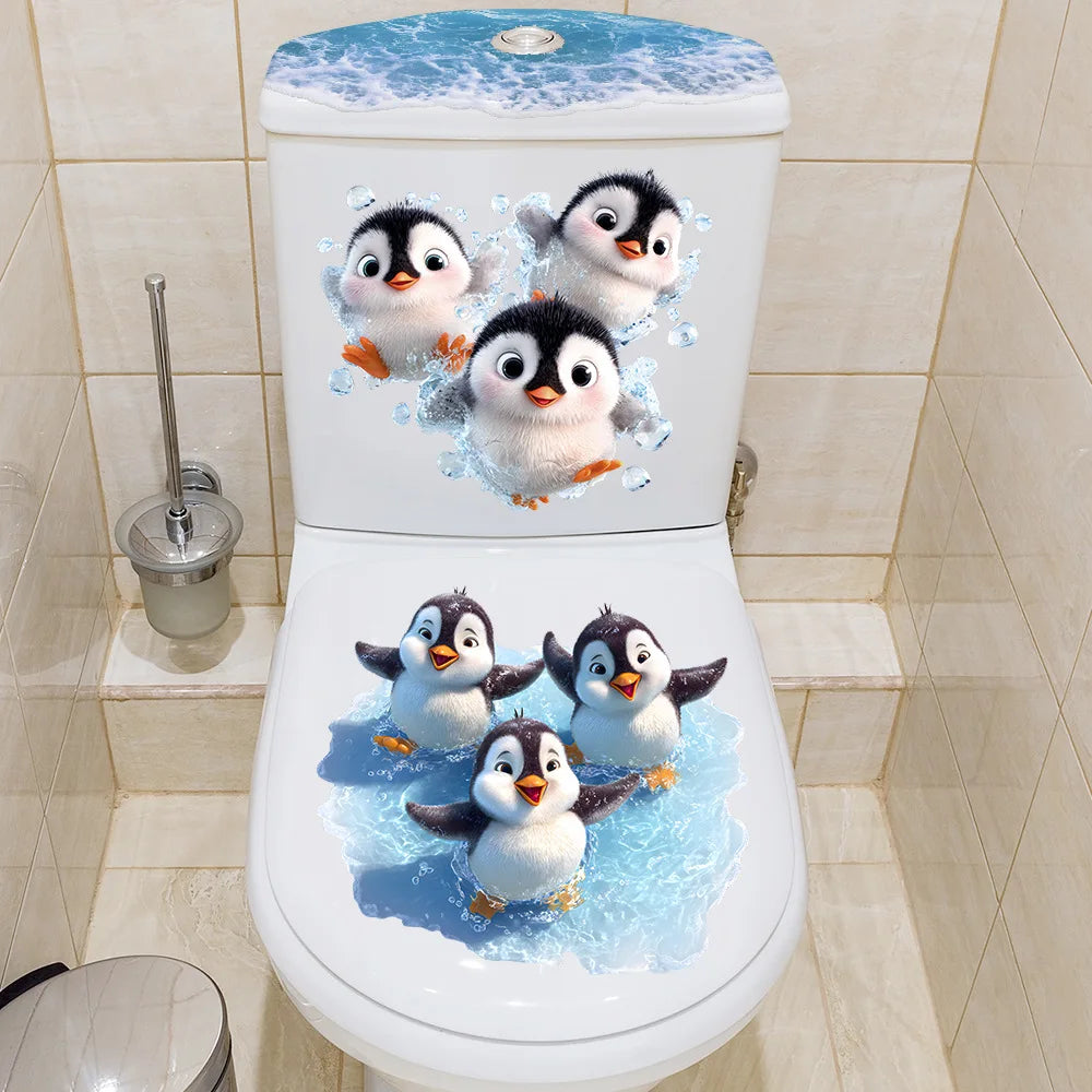 autocollants toilette pingouins dessin animé blanc eau salle bain enfants décoration PVC imperméable amovible