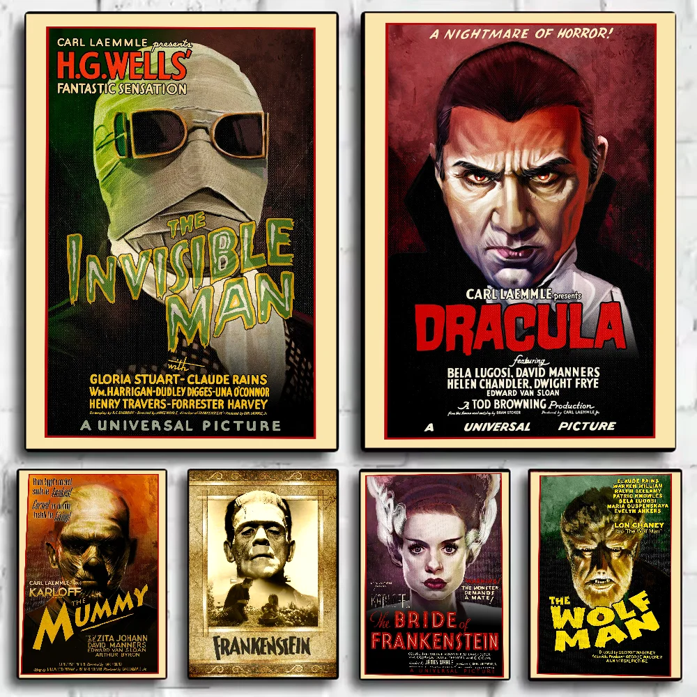 affiches vintage films horreur personnages illustrations noir blanc décor maison salon chambre