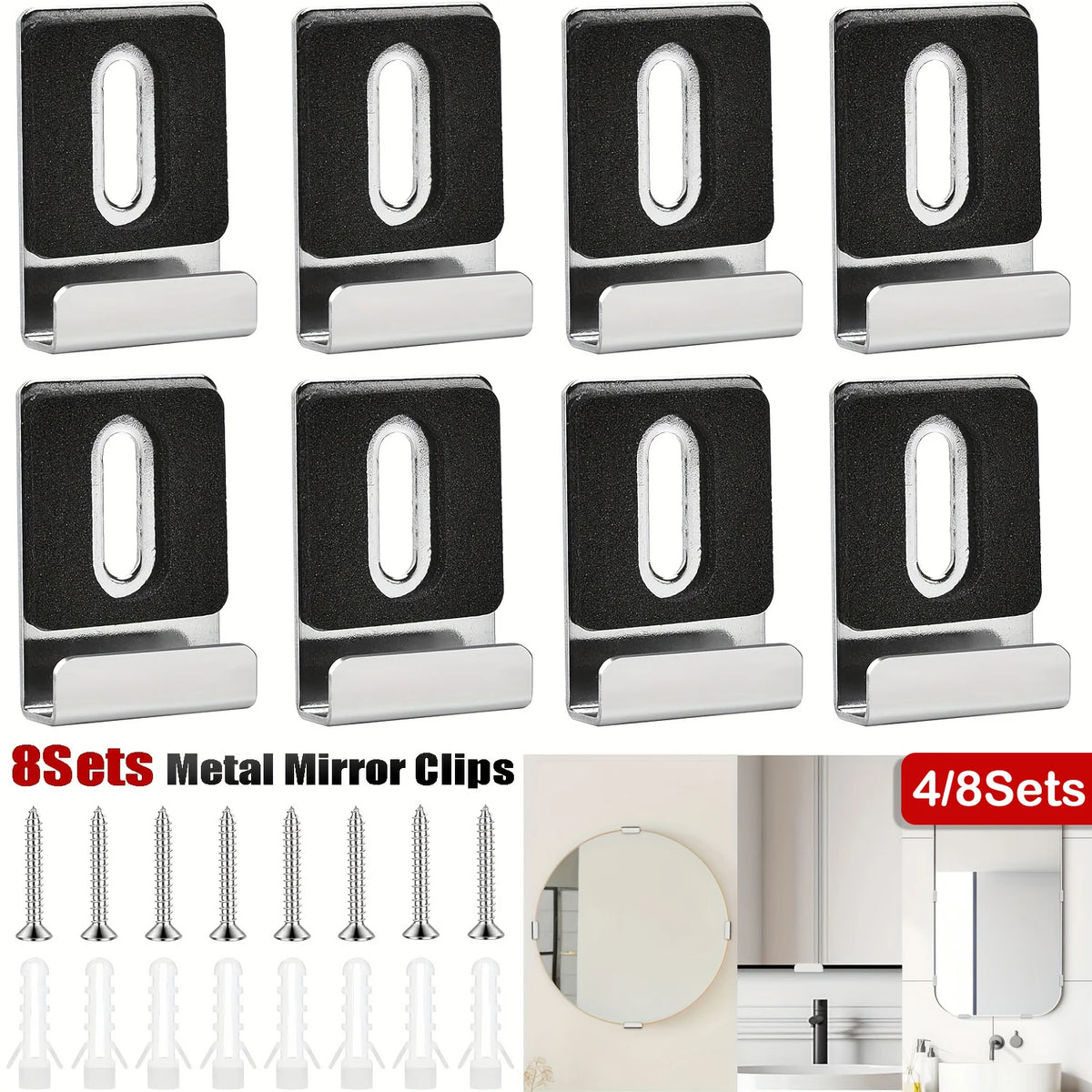 clips miroir métalliques vis suspension moderne argent noir opacité fixations bois cintres tableaux affichage
