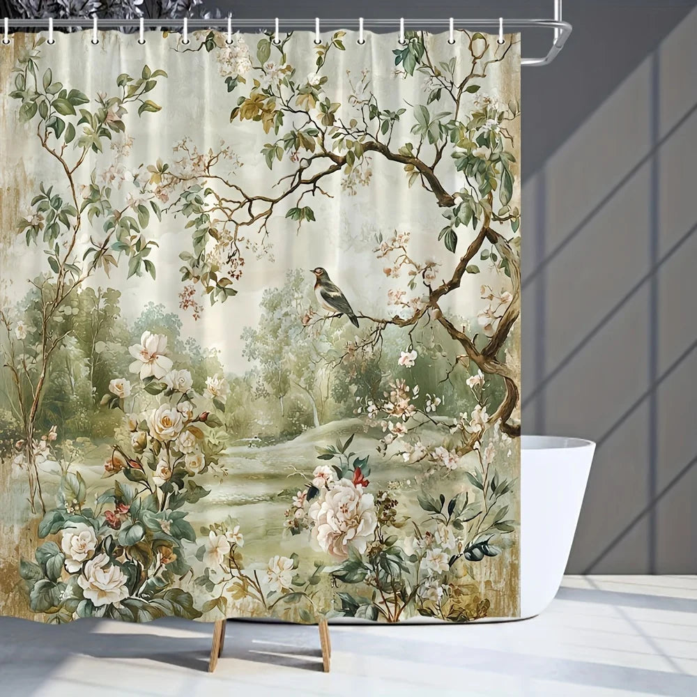rideau douche floral vert beige blanc rose marron classique romantique résistant l'eau polyester hand