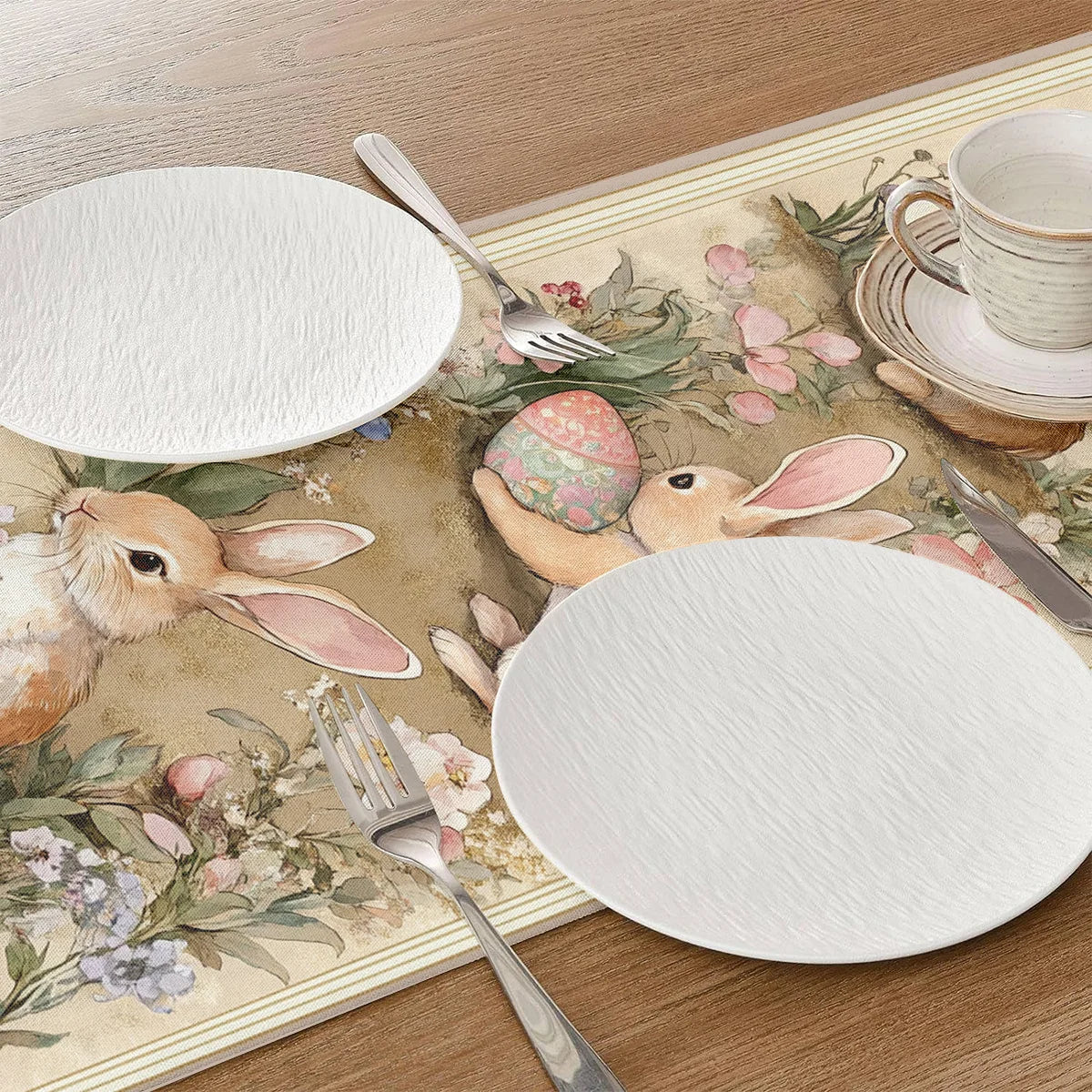 nappe lin printemps lapins fleurs aquarelle rustique 183x33cm décoration pâques table maison