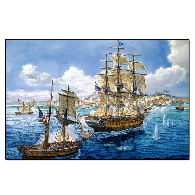 peinture murale marine voiliers océan bleu blanc paysage salon huile toile horizontalDecorationArtiste