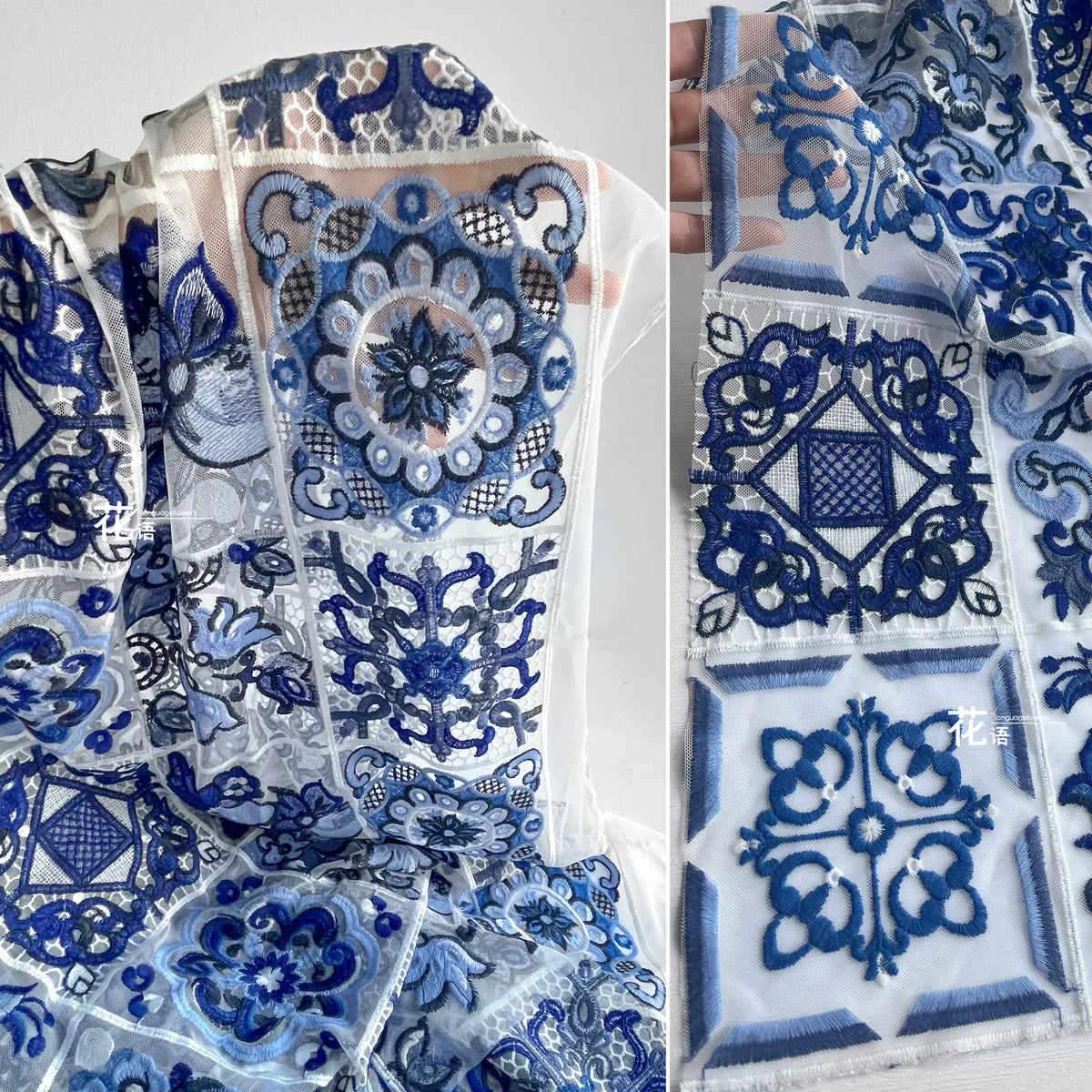 tissu brodé géométrique bleu blanc brocard polyester opacité largeur 140cm matériaux bricolage traditionnel