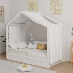 lit cabane enfant blanc moderne minimaliste coussins rideaux latéraux tapis