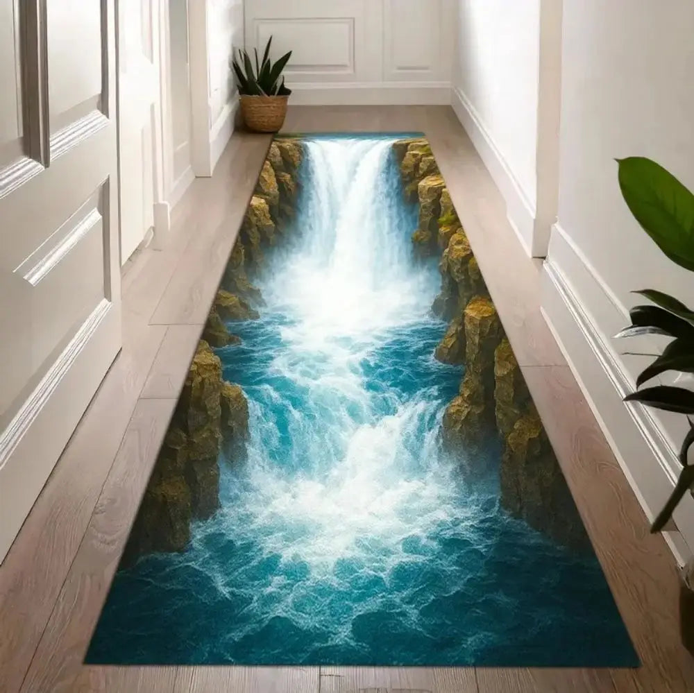 tapis moderne bleu cascade rochers anti dérapant extérieur salon chambre prière 80x200cm