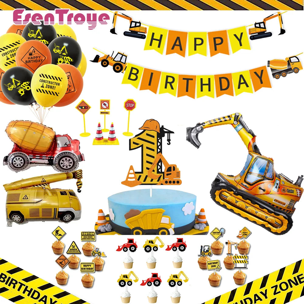 décoration gâteau anniversaire enfant thème chantier camion construction chiffre panneaux signalisation fête jaune