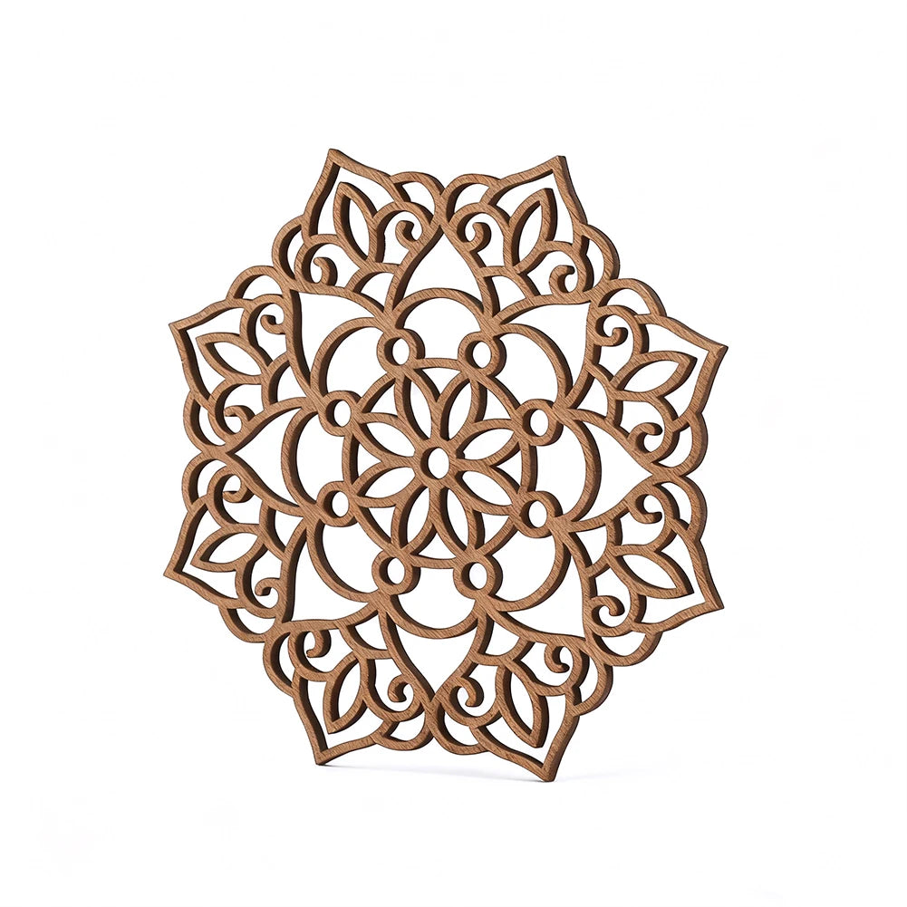 coasters bois marron floral gravé respectueux environnement 12cm artisanal décoration maison yoga meditation