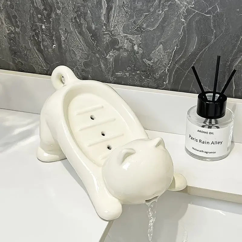 support savon plastique blanc forme chat salle bains décoration intérieure moderne