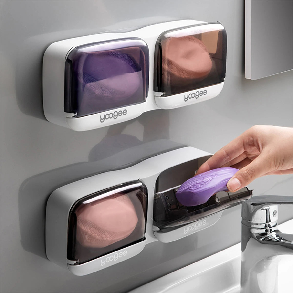 distributeur savon transparent moderne adhésif salle bain blanc gris violet rose