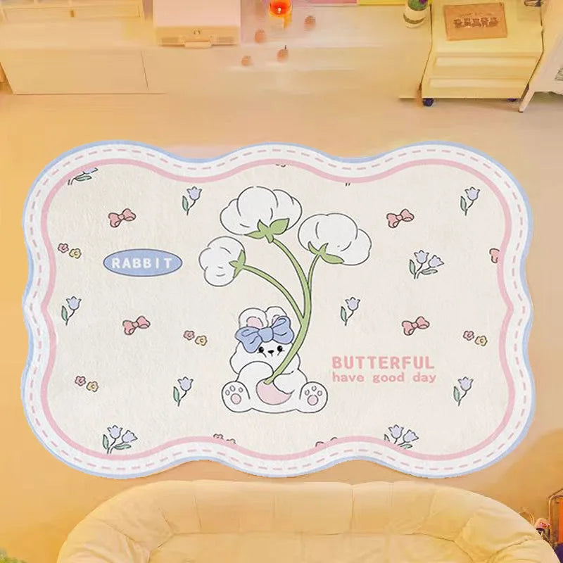 Tapis décoratif enfant avec dessin d'un lapin mignon et de fleurs dans un style illustratif, avec le texte "Butterful have good day" en anglais.