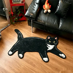 tapis décoratif moelleux forme chat allongé noir blanc gris beige salon chambre entrée maison