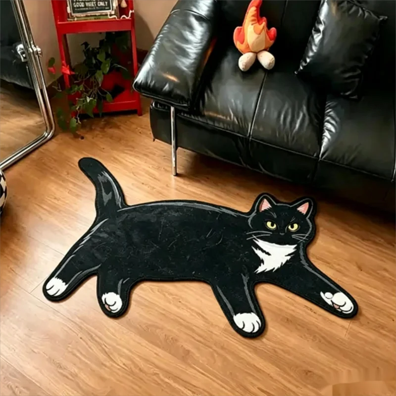 tapis décoratif moelleux forme chat allongé noir blanc gris beige salon chambre entrée maison