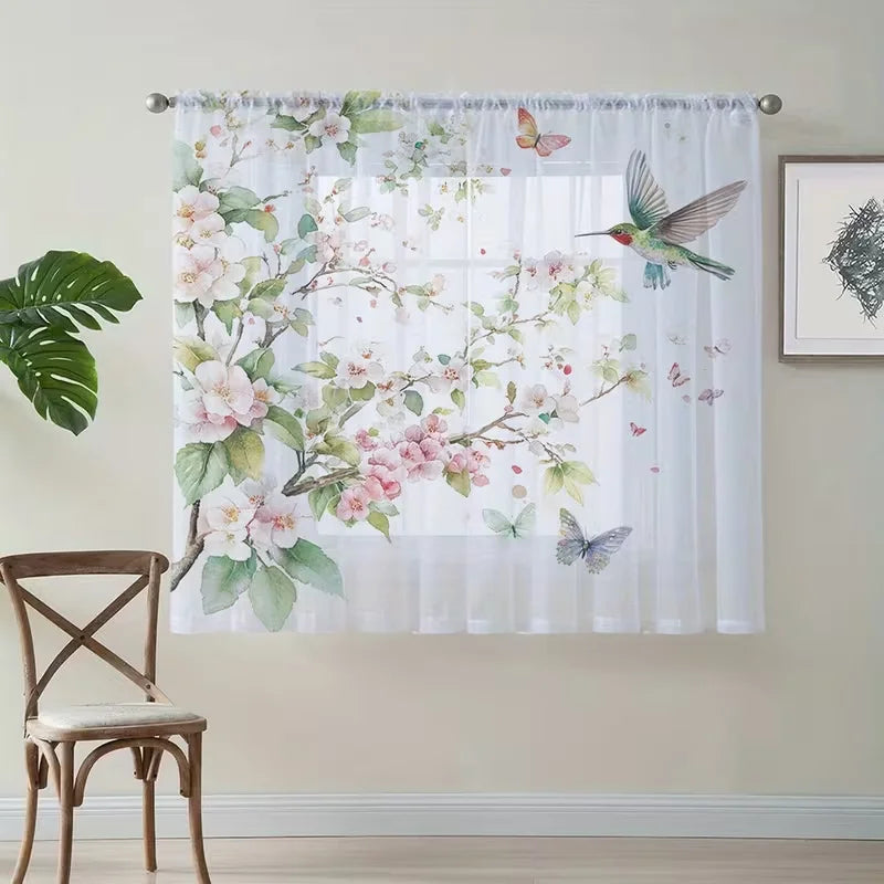 rideau transparent imprimé fleurs papillons oiseaux moderne blanc vert rose bleu maison hospitalité