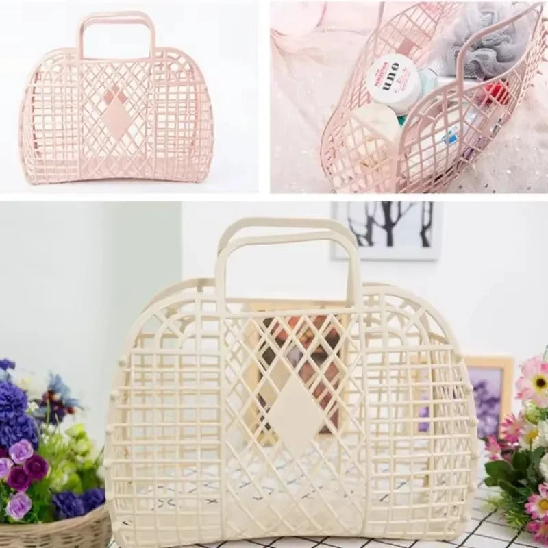 panier maille moderne noir rose clair bébé rangement réutilisable respectueux environnement minimaliste poignéescrição basée
