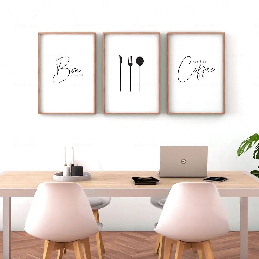 affiche moderne bon appétit lettrage calligraphique fourchette cuillère blanc noir minimaliste