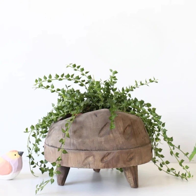 Cache pot bois gravures rustique marron clair sans fixation arrangement floral salon entrée chambre