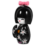 Poupée kokeshi traditionnelle japonaise noir jaune fleurs blanches rose.Points rouges noeud traditionnelle maisonDecoration