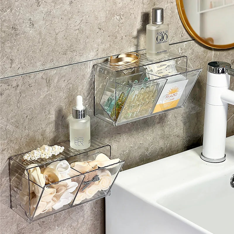 rangement mural transparent compartiments boîtes stockage moderne adhésif cotons tiges coton pads épingles cheveux