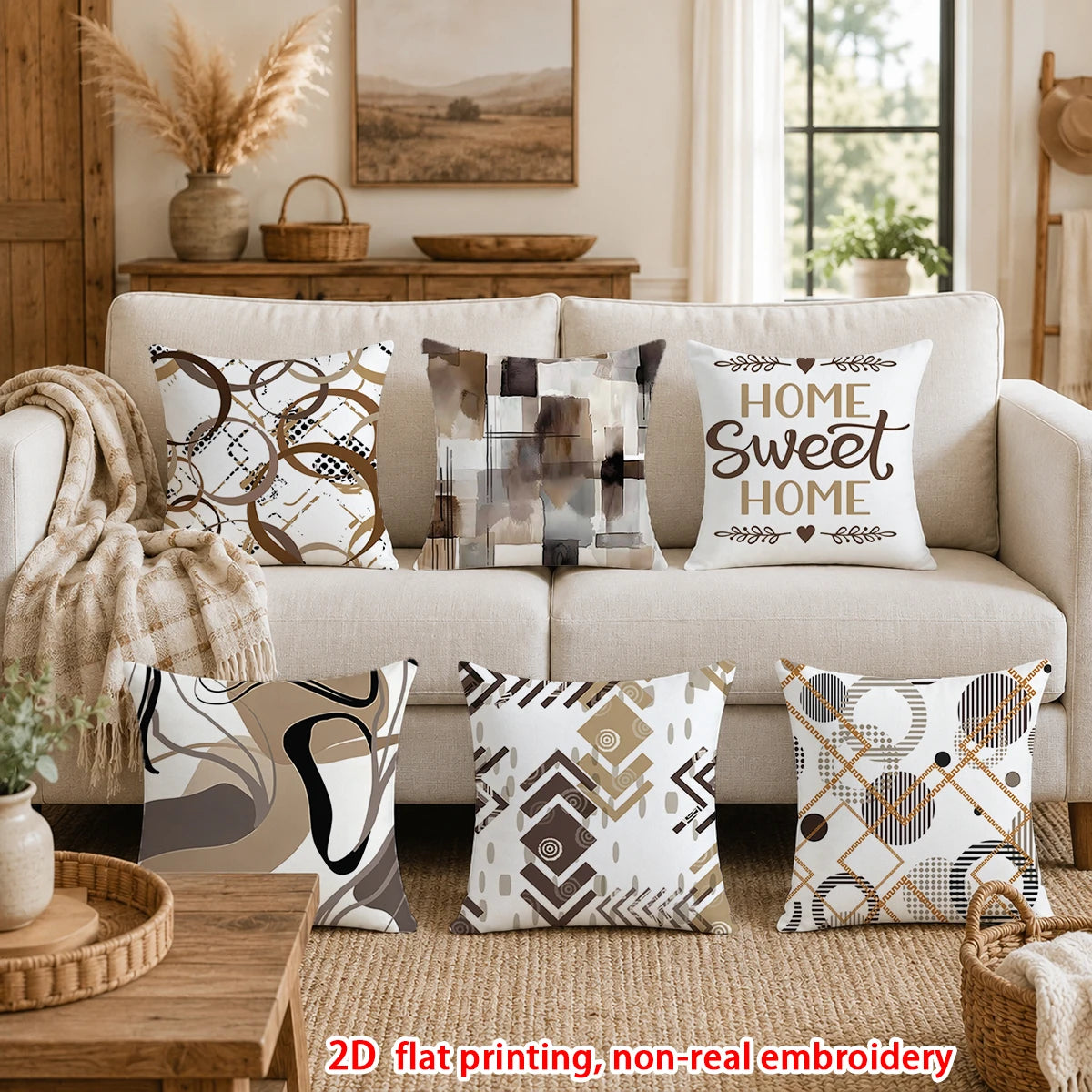 housses coussin motif géométrique moderne polyester blanc marron noir décor canapé chambre salon fixations