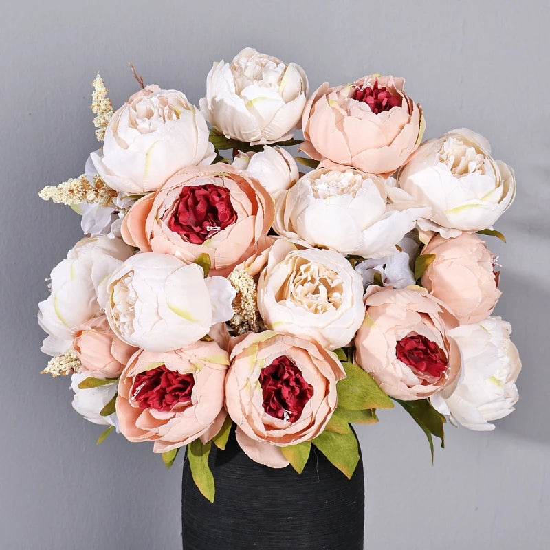 Bouquet artificiel pivoines blanc rose vert romantique intérieur décoration maison 13 branches fleurs