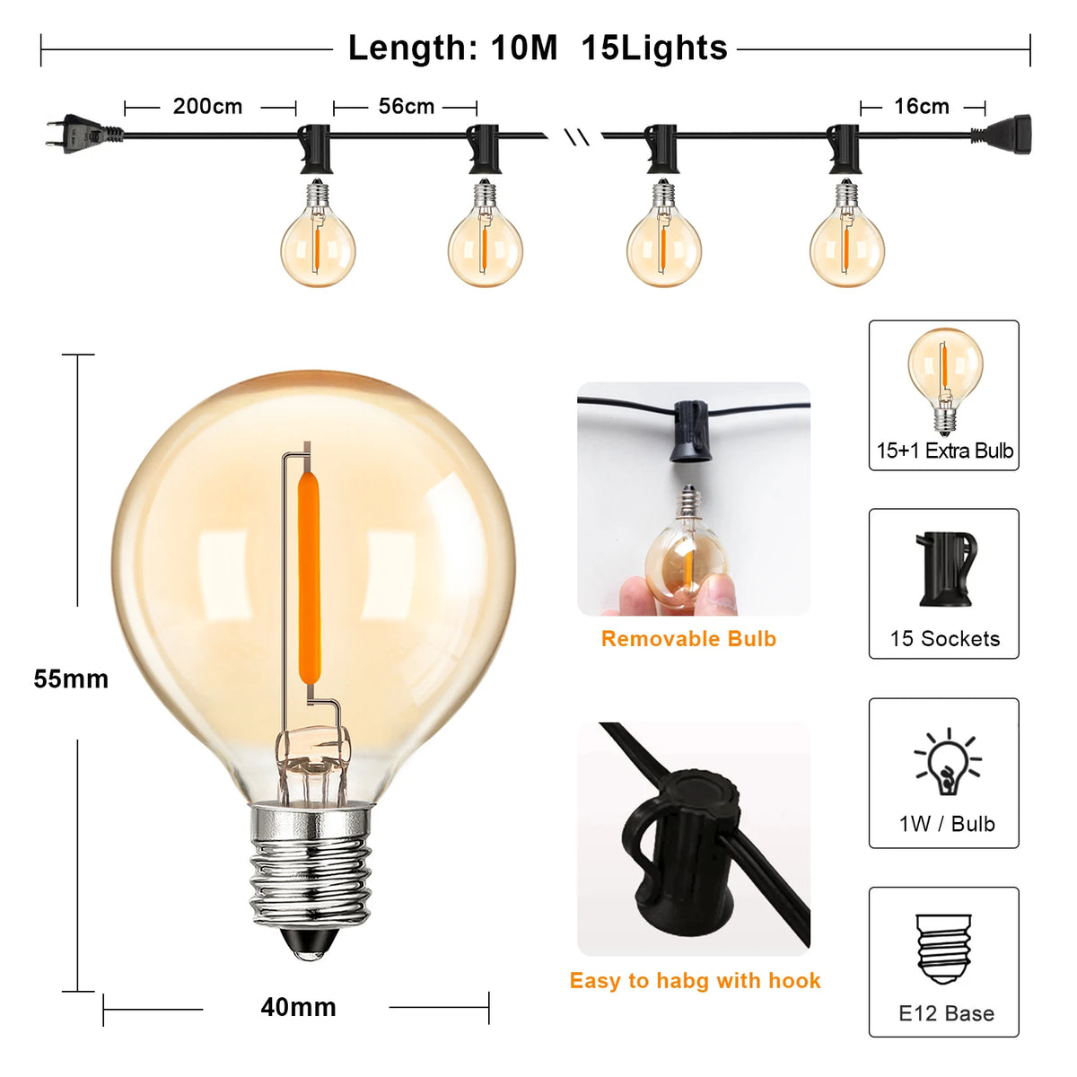 guirlande lumineuse led ampoules globe verre jaune orangé industrielle vintage imperméable extérieure 220v