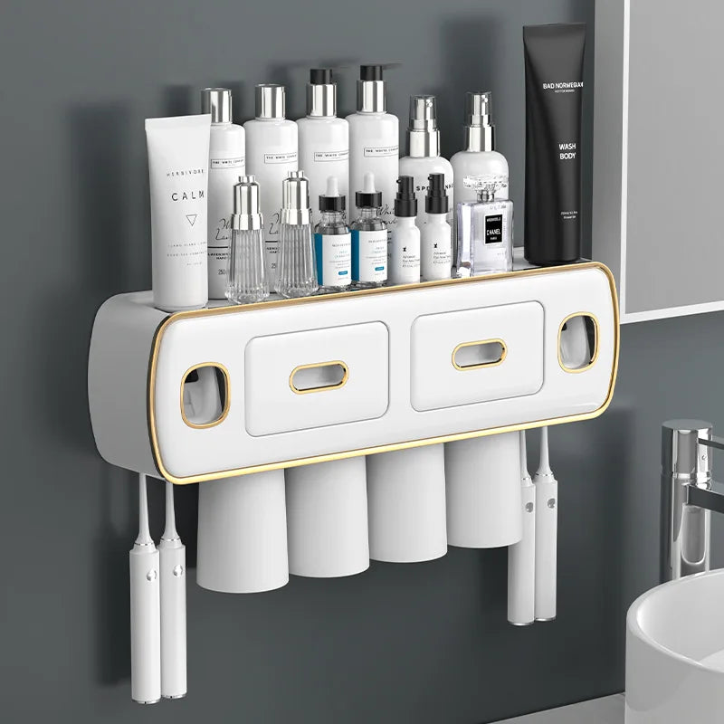 porte brosses dents adhésif moderne rangement dentifrice distributeur blanc or
