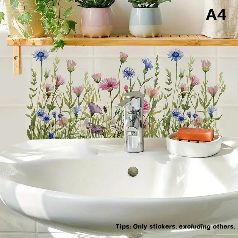 sticker mural floral adhésif décoration naturelle tulipes callas lavabo salle bain moderneversible amovible pvc
