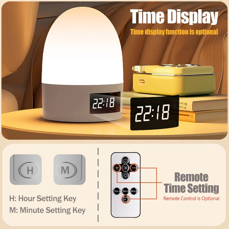 lampe chevet rechargeable led beige blanche ombre douce minimaliste affichage heure télécommande port usb