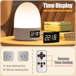 lampe chevet rechargeable led beige blanche ombre douce minimaliste affichage heure télécommande port usb