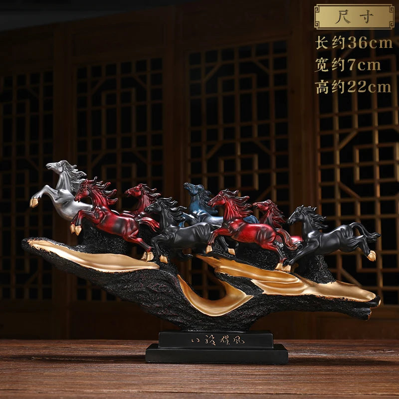 ornements sculptés chevaux résine artisanal chinois couleurs dorées rouges noires modernes