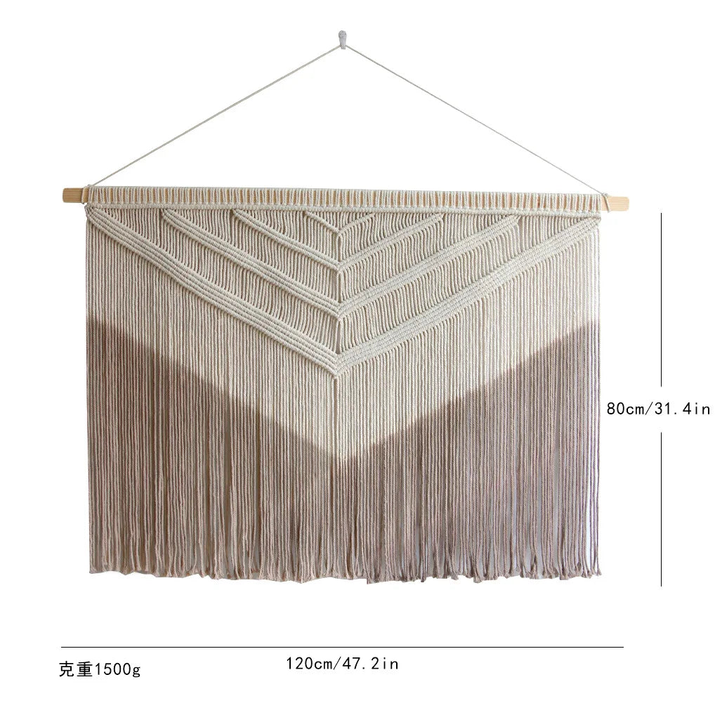 tapisserie macramé motif géométrique franges boho chic beige clair tissage polyester coton fixations