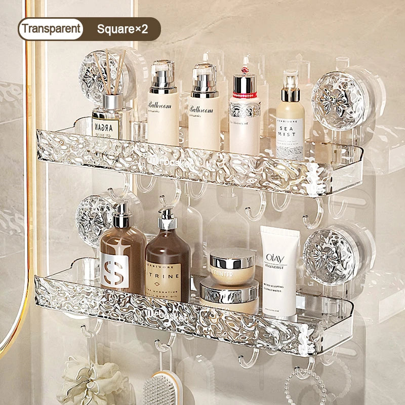 étagère salle bain adhésive transparente motif floral moderne crochets supports adhésifs