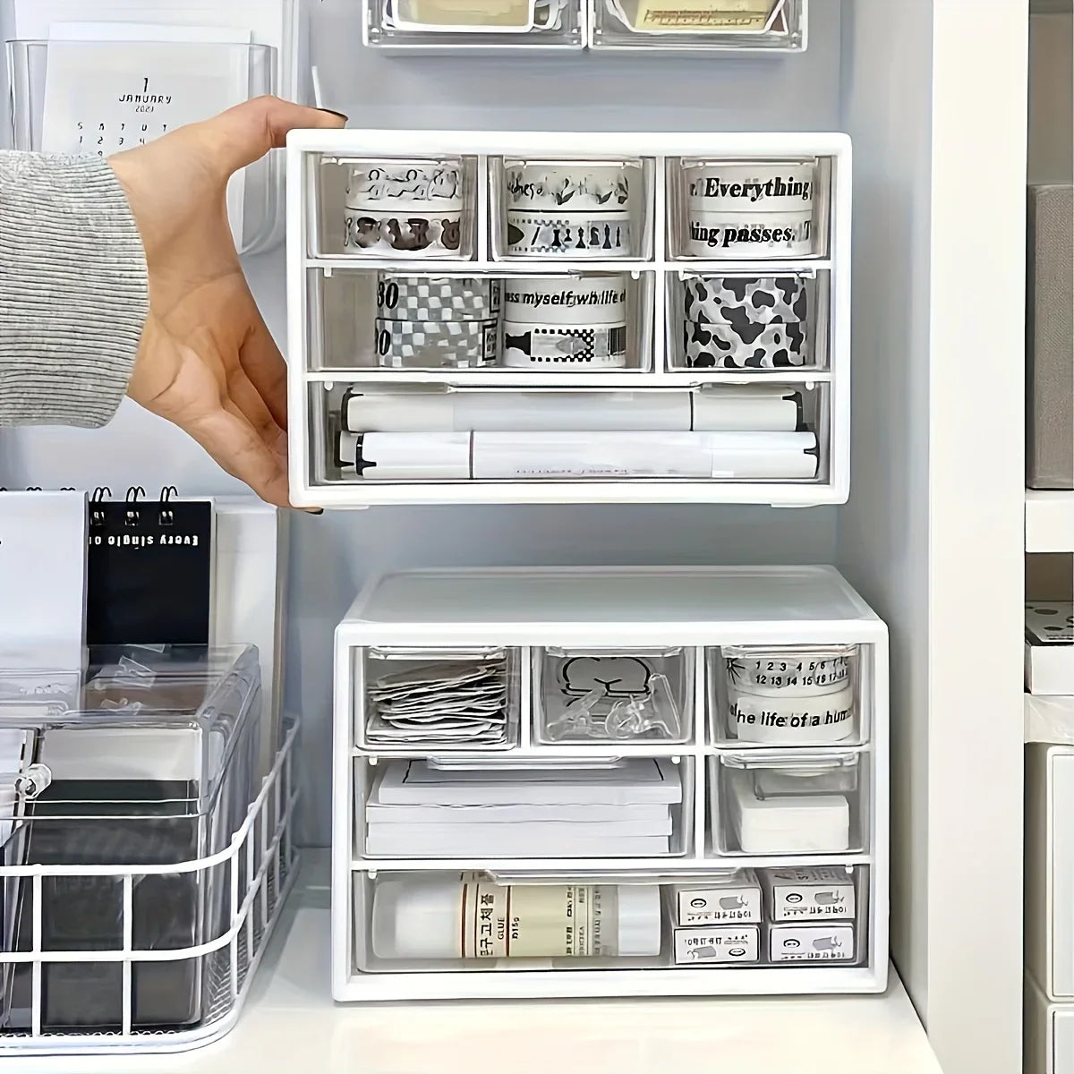 boîtes rangement transparentes blanc étiquettes autocollantes moderne multifonctionnelle fournitures papeterie réutilisable plastique minimaliste