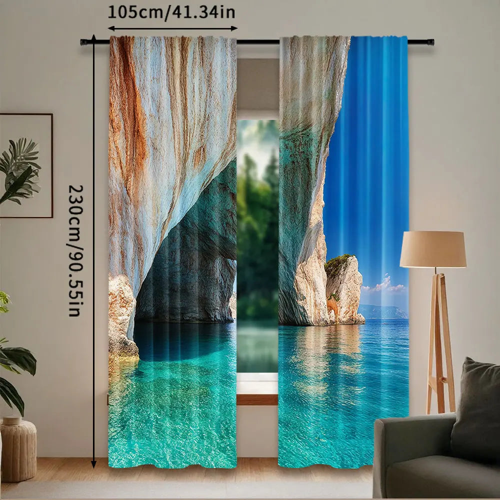 rideau bleu paysage marin moderne semi opaque polyester 75x166cm 105x230cm 130x210cm