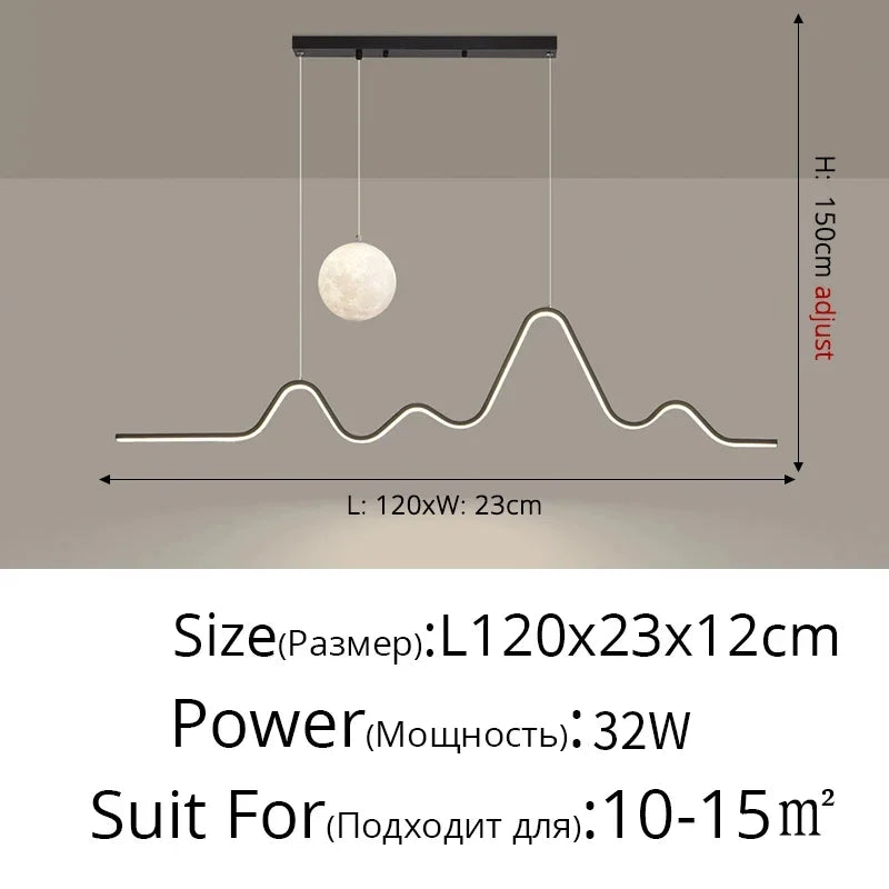 suspension moderne minimaliste luminaire vague lune forme ondulée blanc noir doré led chambre restaurant